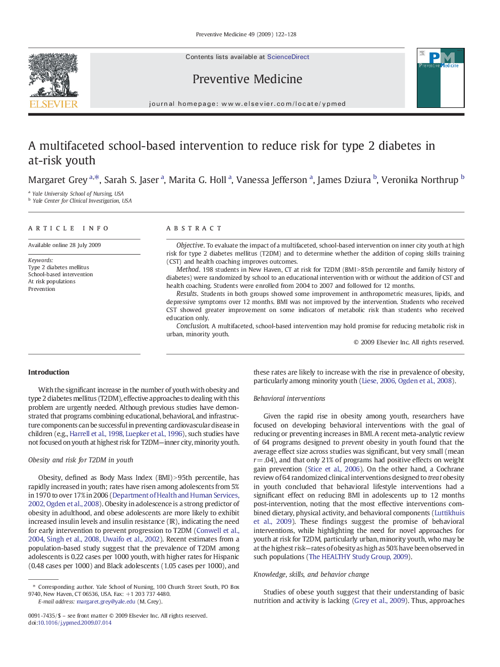 A multifaceted school-based intervention to reduce risk for type 2 diabetes in at-risk youth