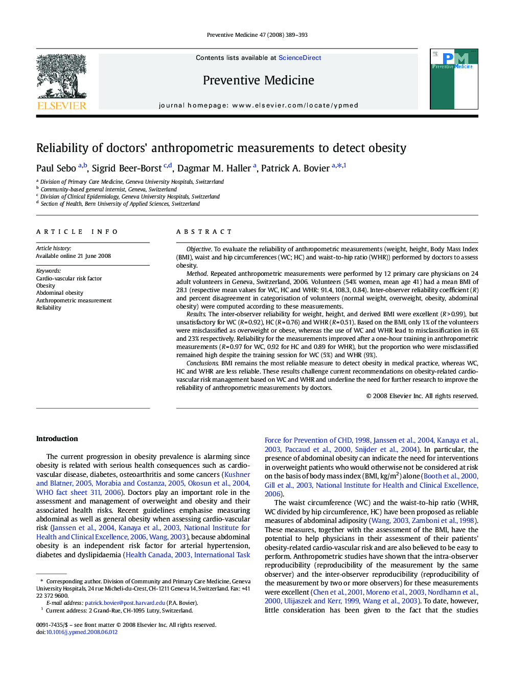 Reliability of doctors' anthropometric measurements to detect obesity