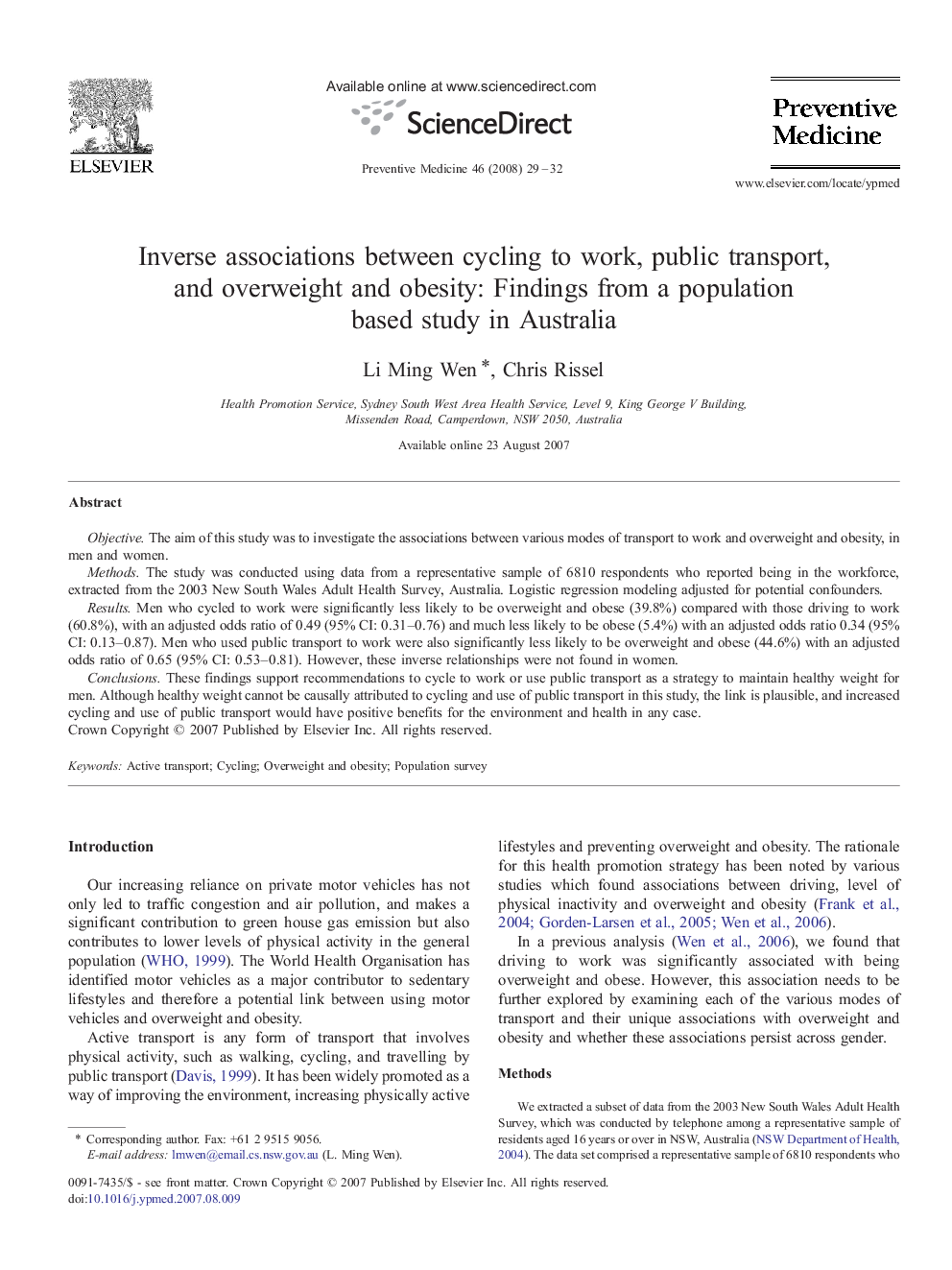 Inverse associations between cycling to work, public transport, and overweight and obesity: Findings from a population based study in Australia