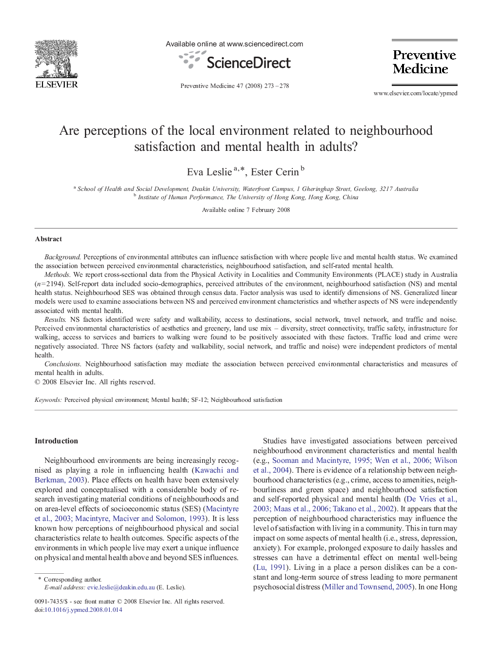 عکس صفحه اول مقاله: Are perceptions of the local environment related to neighbourhood satisfaction and mental health in adults? Are perceptions of the local environment related to neighbourhood satisfaction and mental health in adults?