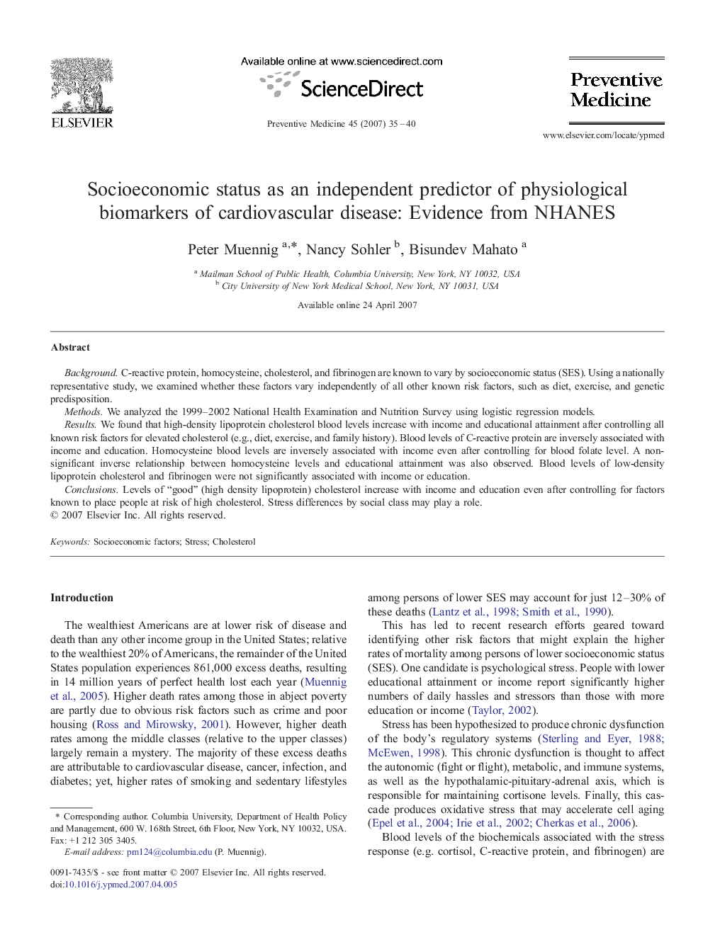 Socioeconomic status as an independent predictor of physiological biomarkers of cardiovascular disease: Evidence from NHANES