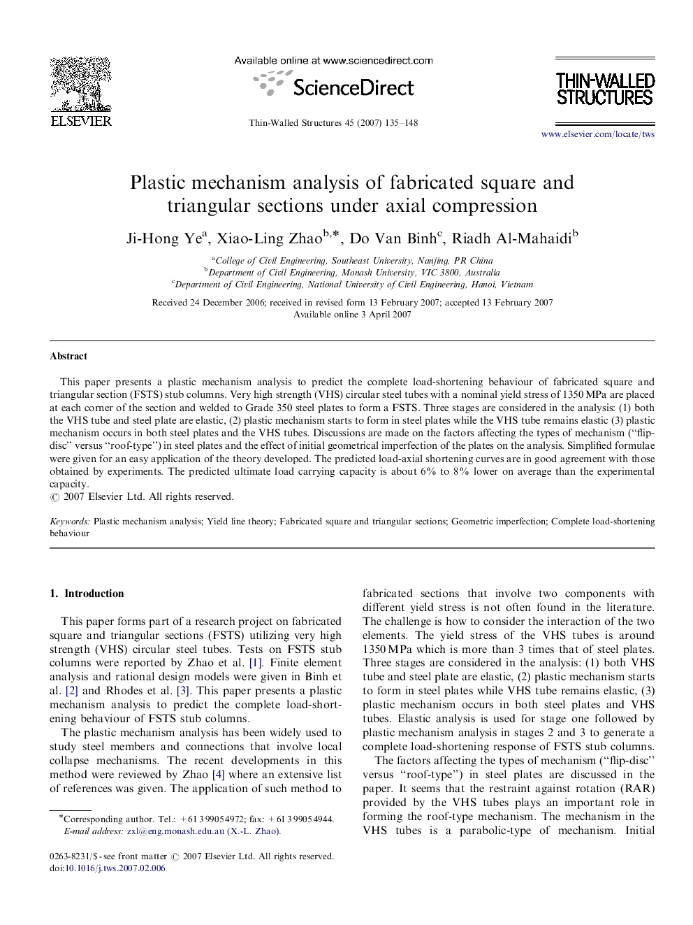 Plastic mechanism analysis of fabricated square and triangular sections under axial compression