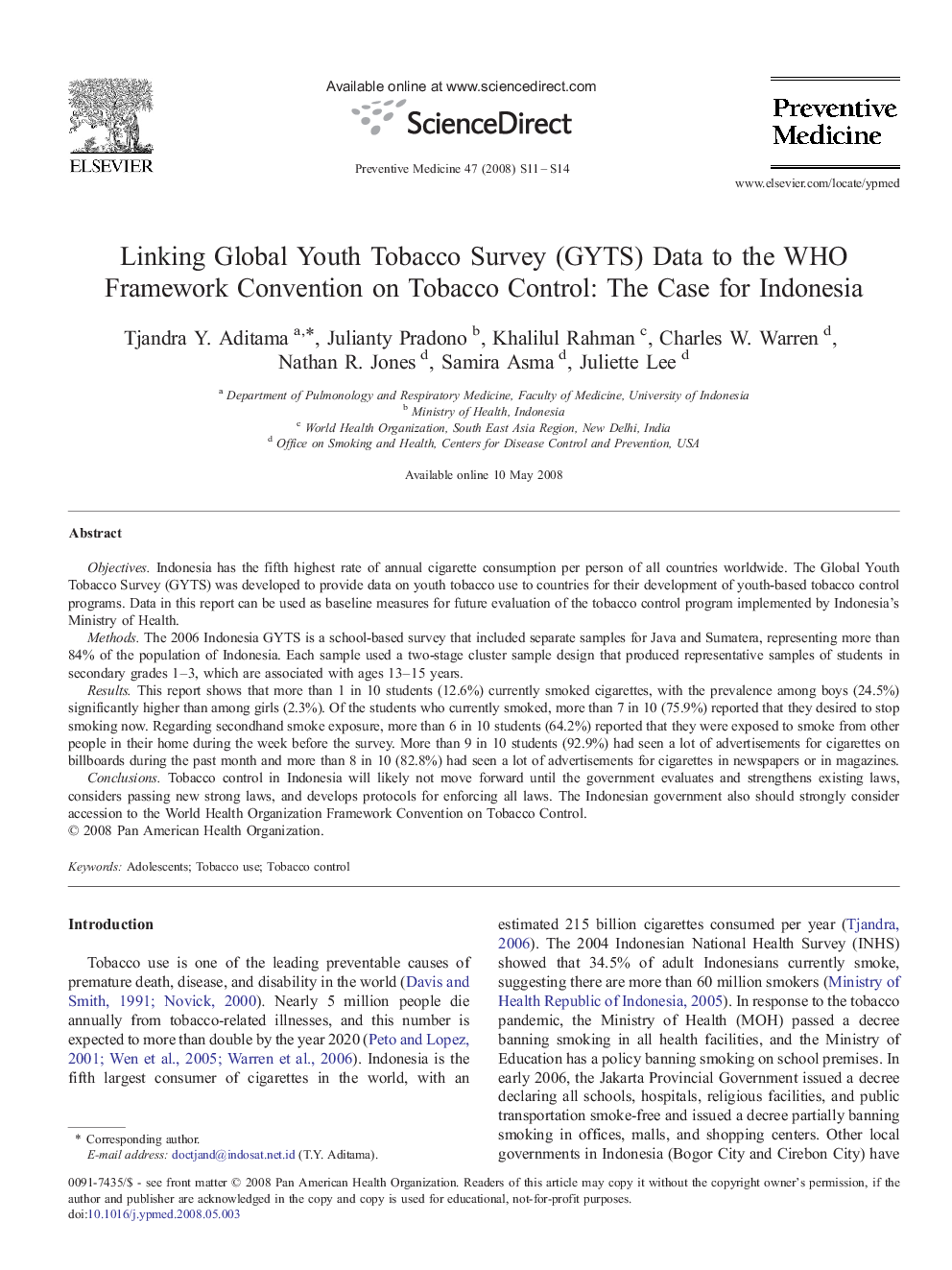 Linking Global Youth Tobacco Survey (GYTS) Data to the WHO Framework Convention on Tobacco Control: The Case for Indonesia