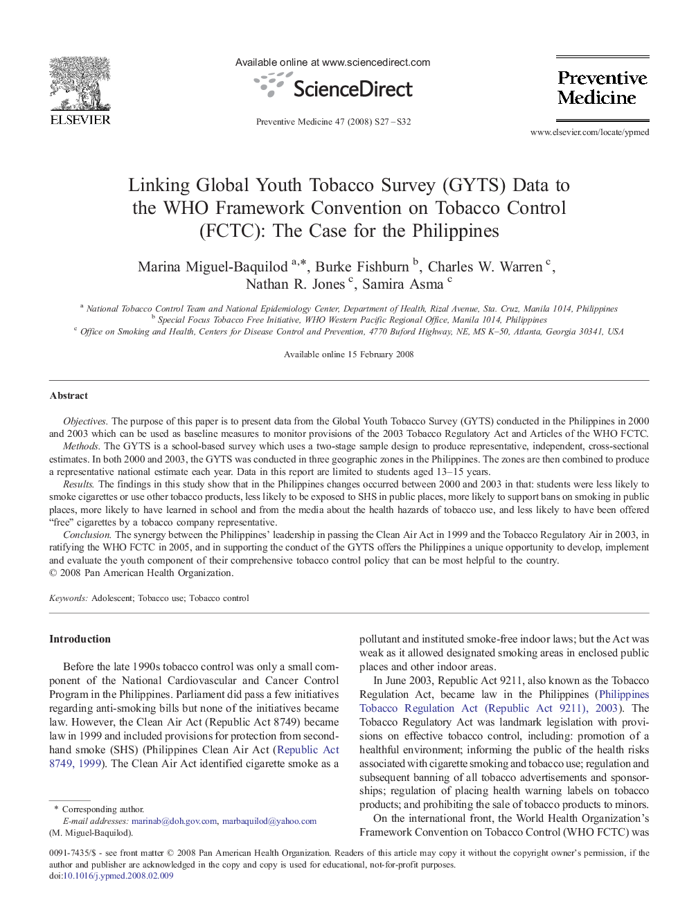 Linking Global Youth Tobacco Survey (GYTS) Data to the WHO Framework Convention on Tobacco Control (FCTC): The Case for the Philippines