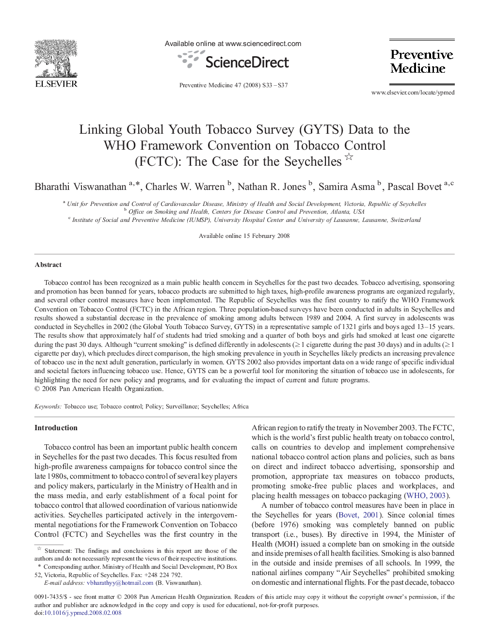 Linking Global Youth Tobacco Survey (GYTS) Data to the WHO Framework Convention on Tobacco Control (FCTC): The Case for the Seychelles 