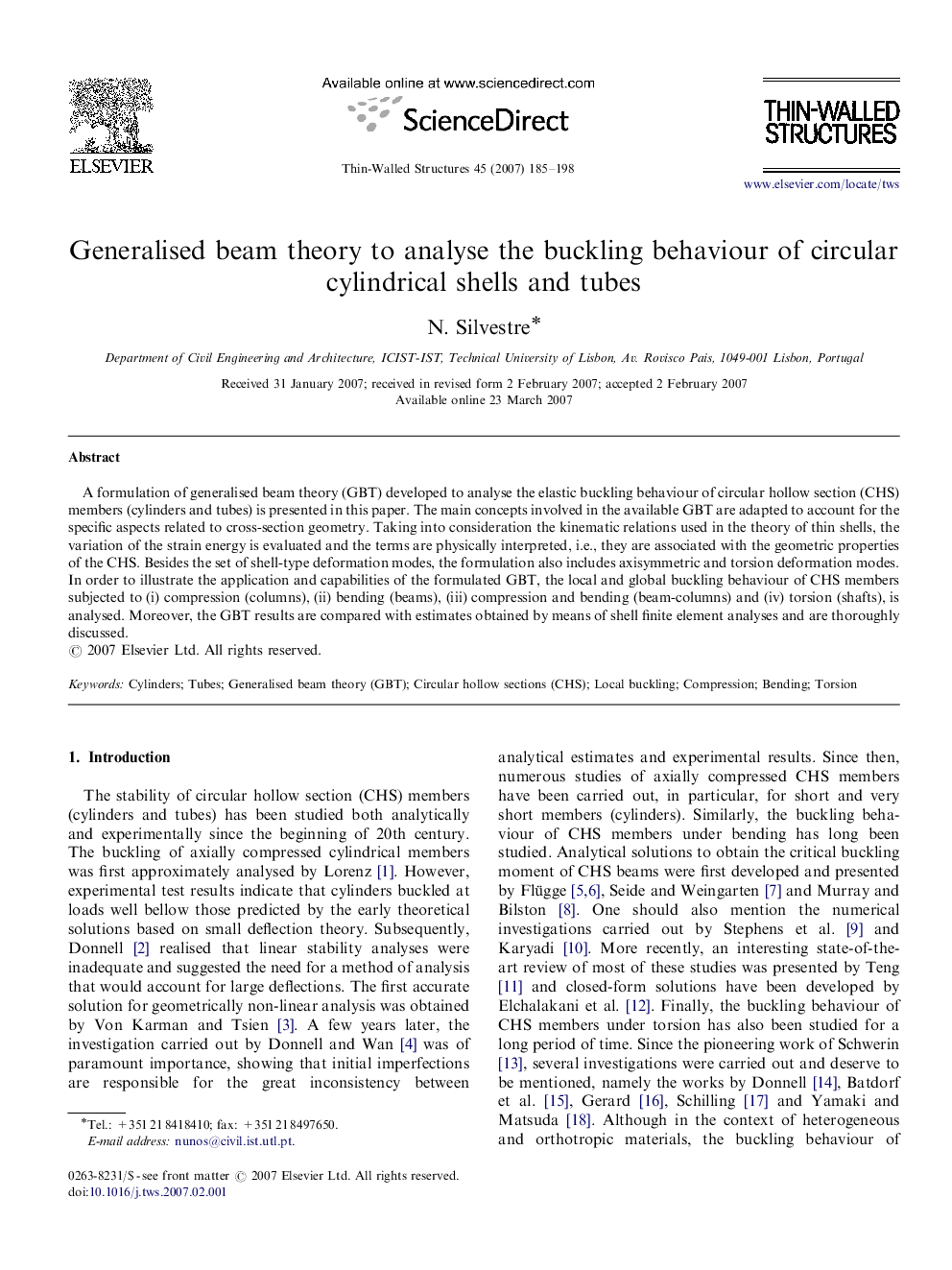 Generalised beam theory to analyse the buckling behaviour of circular cylindrical shells and tubes