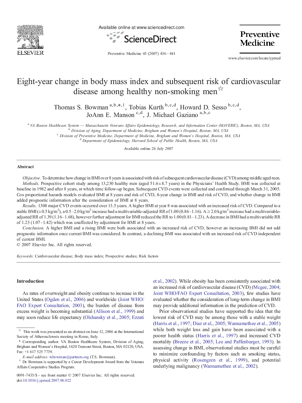 Eight-year change in body mass index and subsequent risk of cardiovascular disease among healthy non-smoking men 