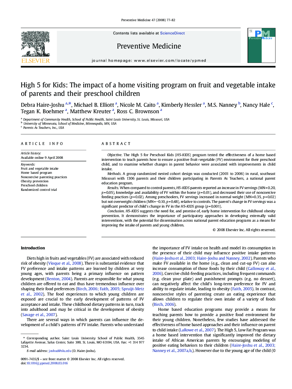 High 5 for Kids: The impact of a home visiting program on fruit and vegetable intake of parents and their preschool children