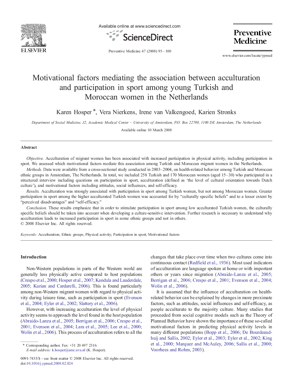 Motivational factors mediating the association between acculturation and participation in sport among young Turkish and Moroccan women in the Netherlands