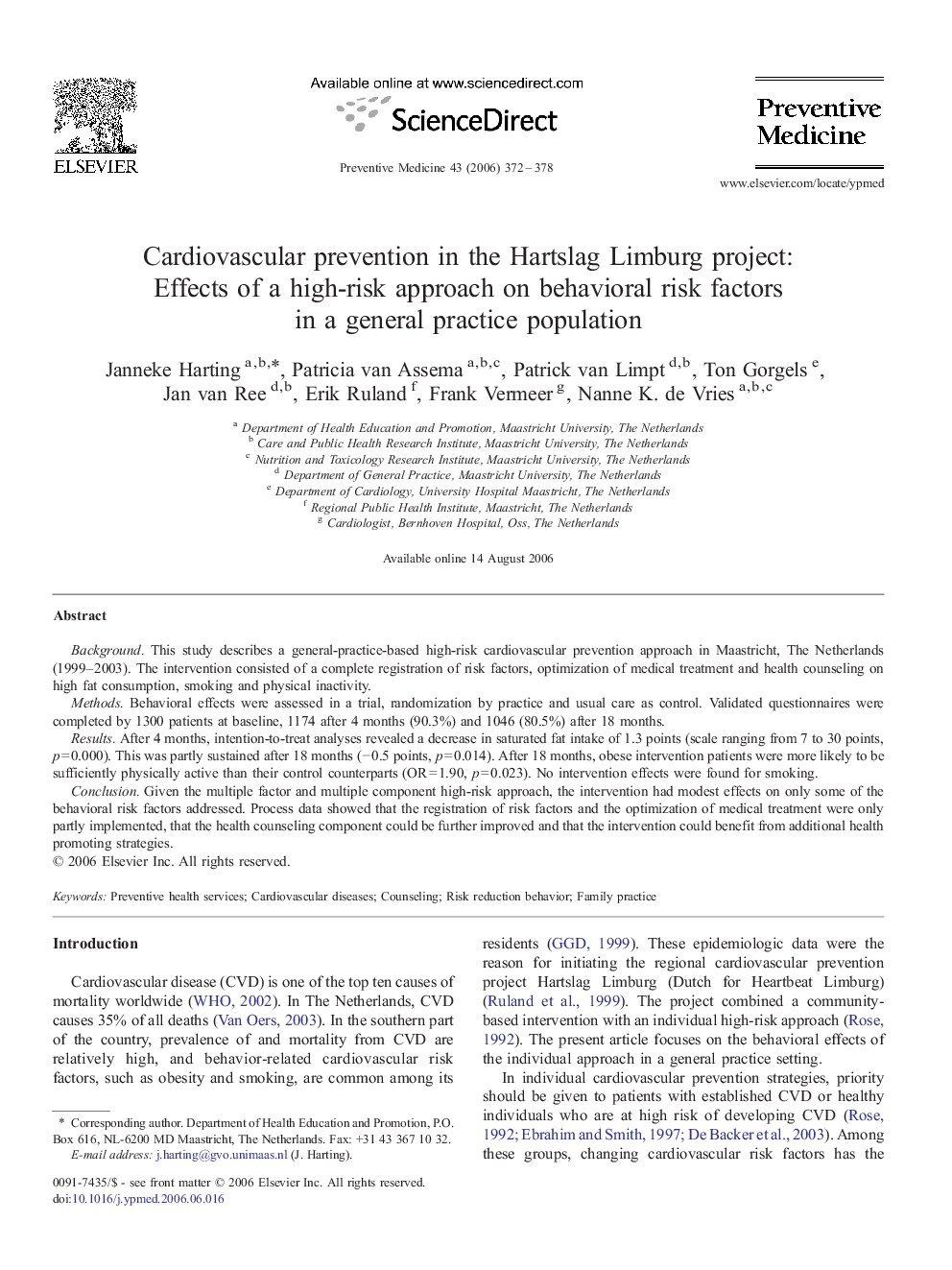 Cardiovascular prevention in the Hartslag Limburg project: Effects of a high-risk approach on behavioral risk factors in a general practice population