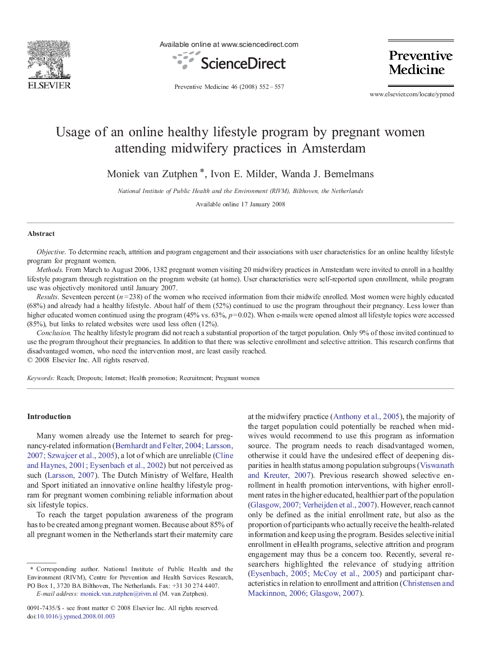 Usage of an online healthy lifestyle program by pregnant women attending midwifery practices in Amsterdam