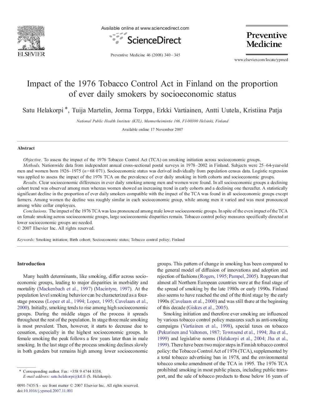 Impact of the 1976 Tobacco Control Act in Finland on the proportion of ever daily smokers by socioeconomic status