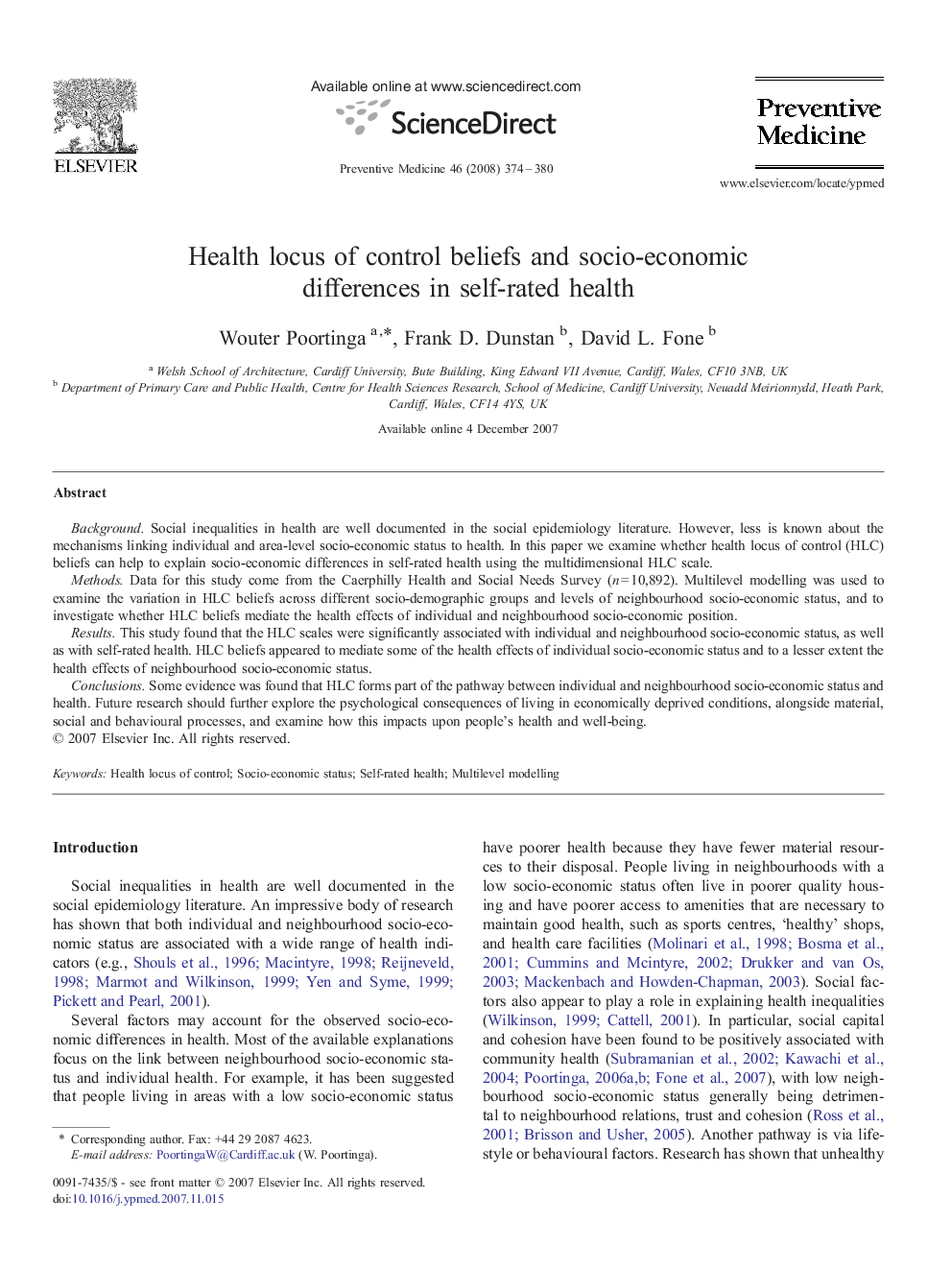 Health locus of control beliefs and socio-economic differences in self-rated health