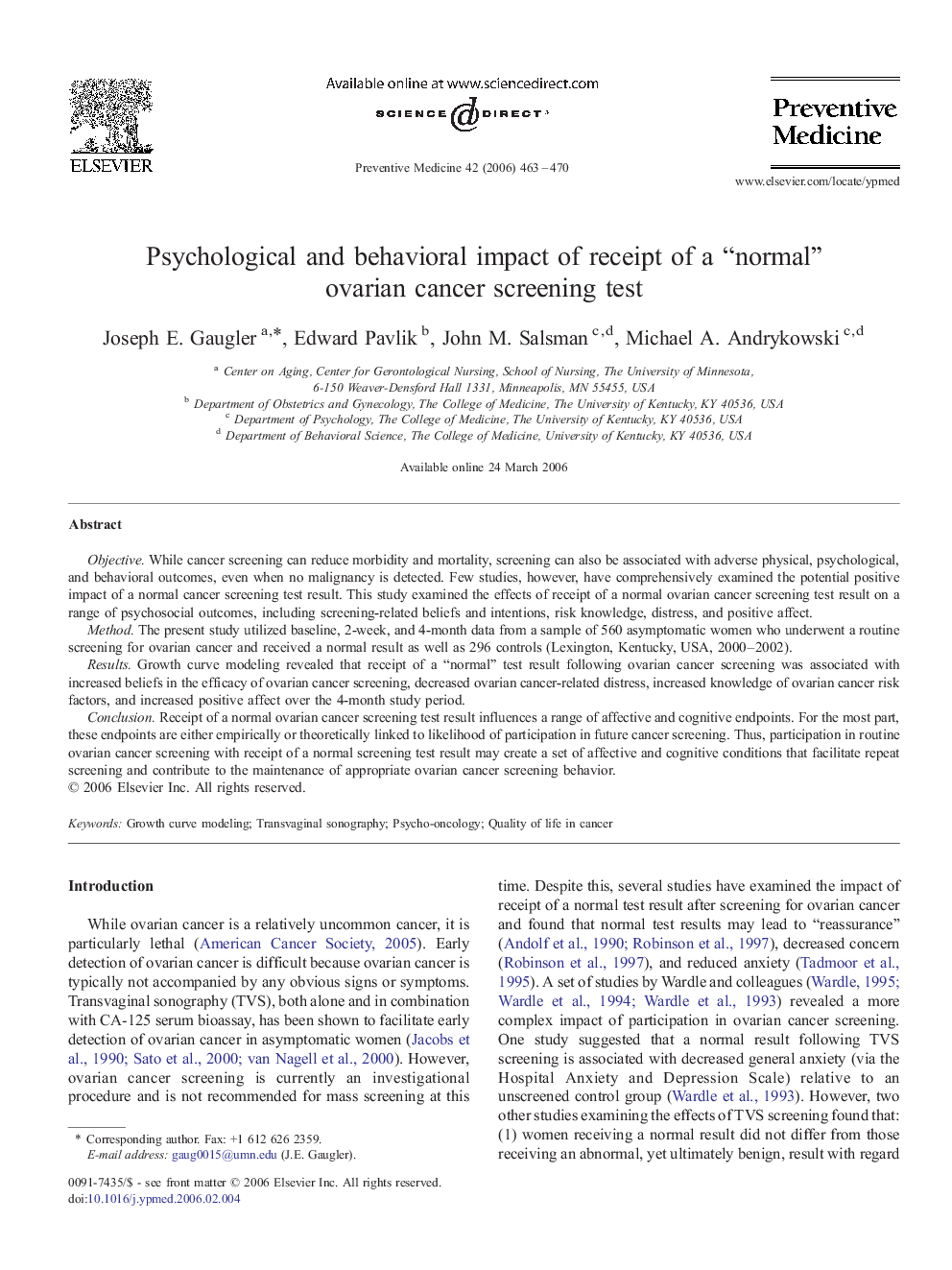 Psychological and behavioral impact of receipt of a “normal” ovarian cancer screening test