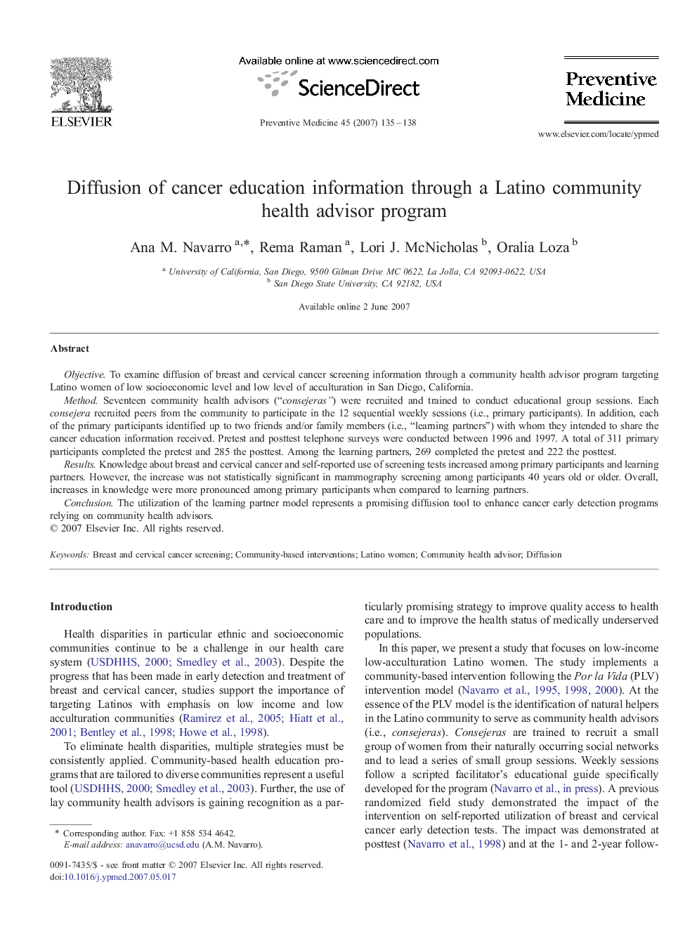 Diffusion of cancer education information through a Latino community health advisor program