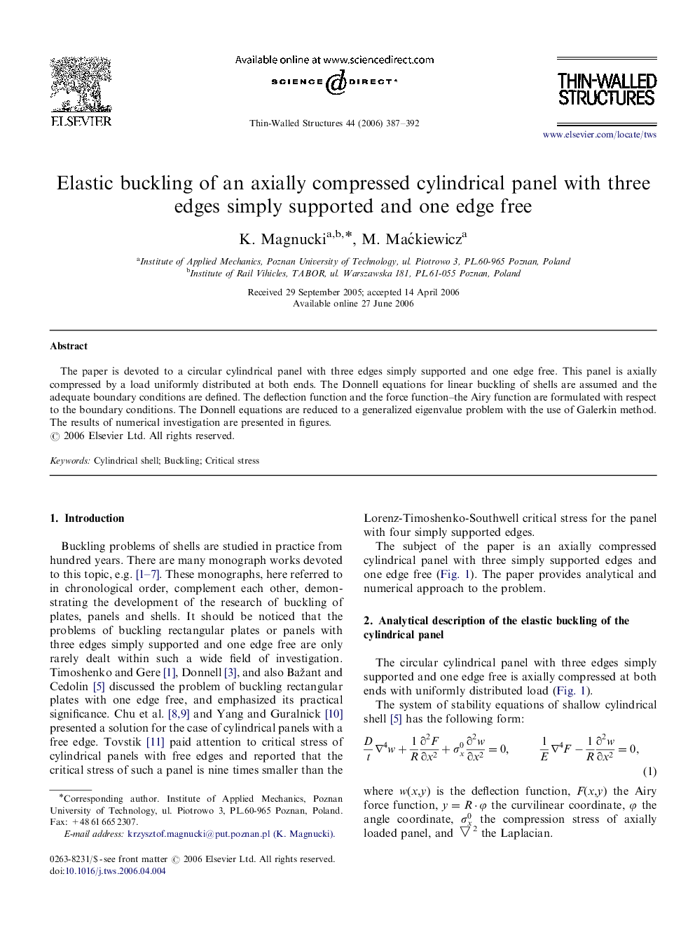 Elastic buckling of an axially compressed cylindrical panel with three edges simply supported and one edge free