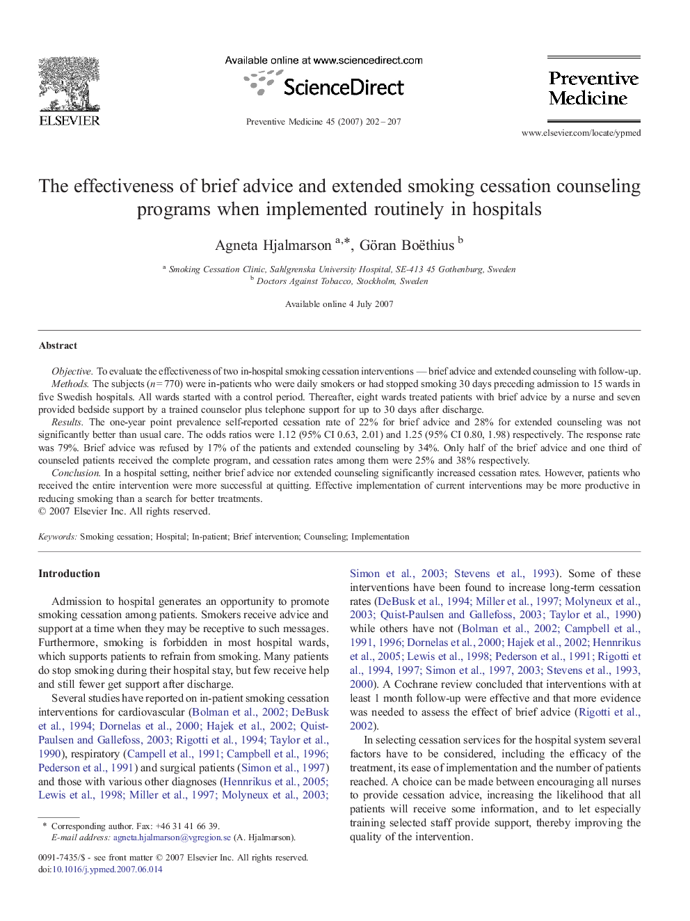 The effectiveness of brief advice and extended smoking cessation counseling programs when implemented routinely in hospitals