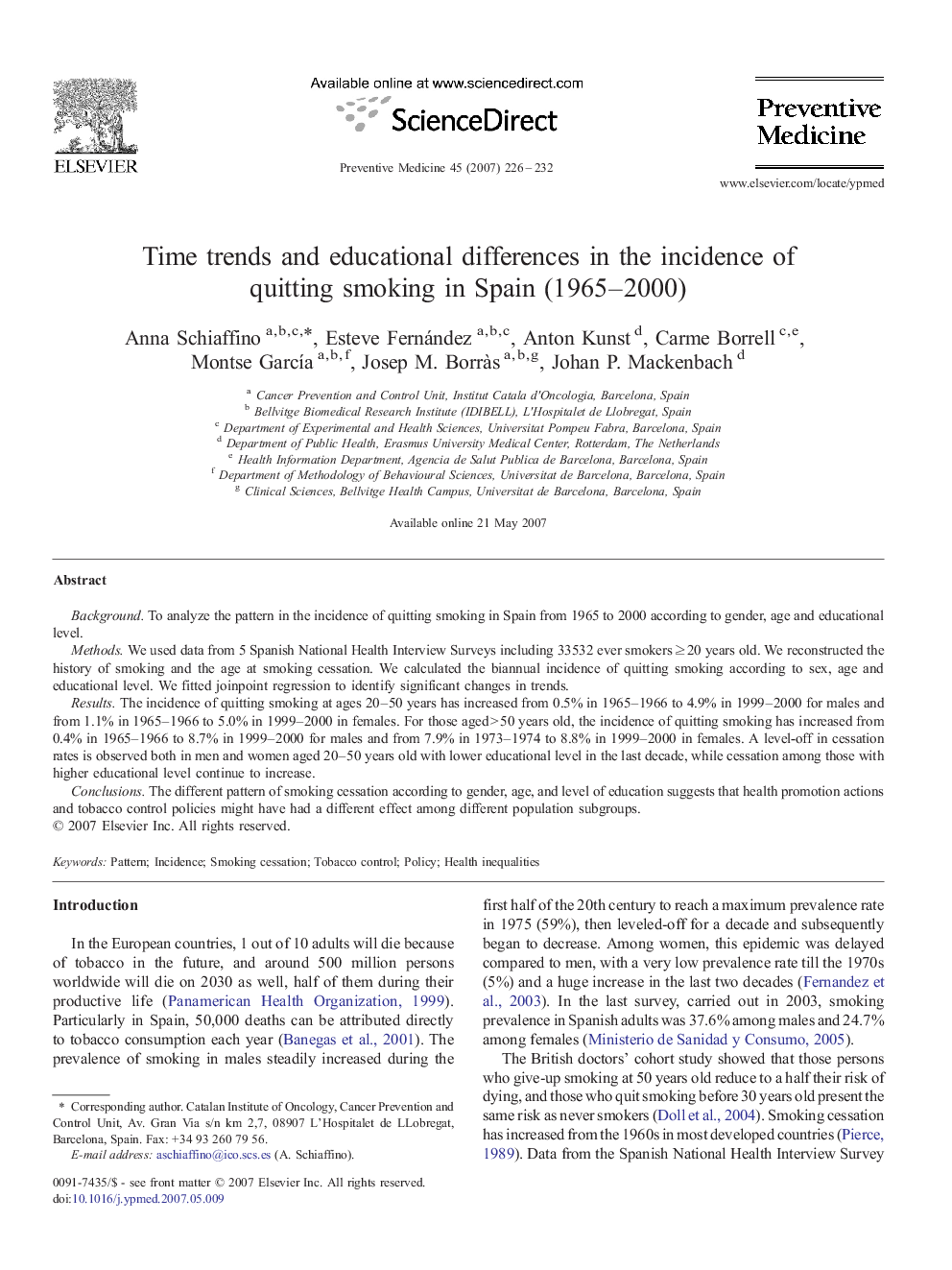 Time trends and educational differences in the incidence of quitting smoking in Spain (1965–2000)