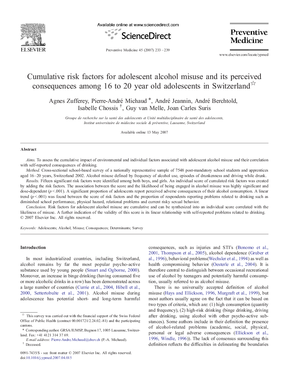 Cumulative risk factors for adolescent alcohol misuse and its perceived consequences among 16 to 20 year old adolescents in Switzerland 