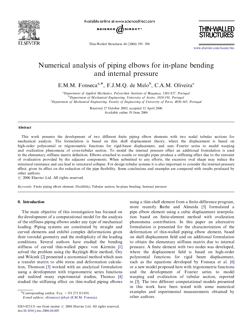 Numerical analysis of piping elbows for in-plane bending and internal pressure