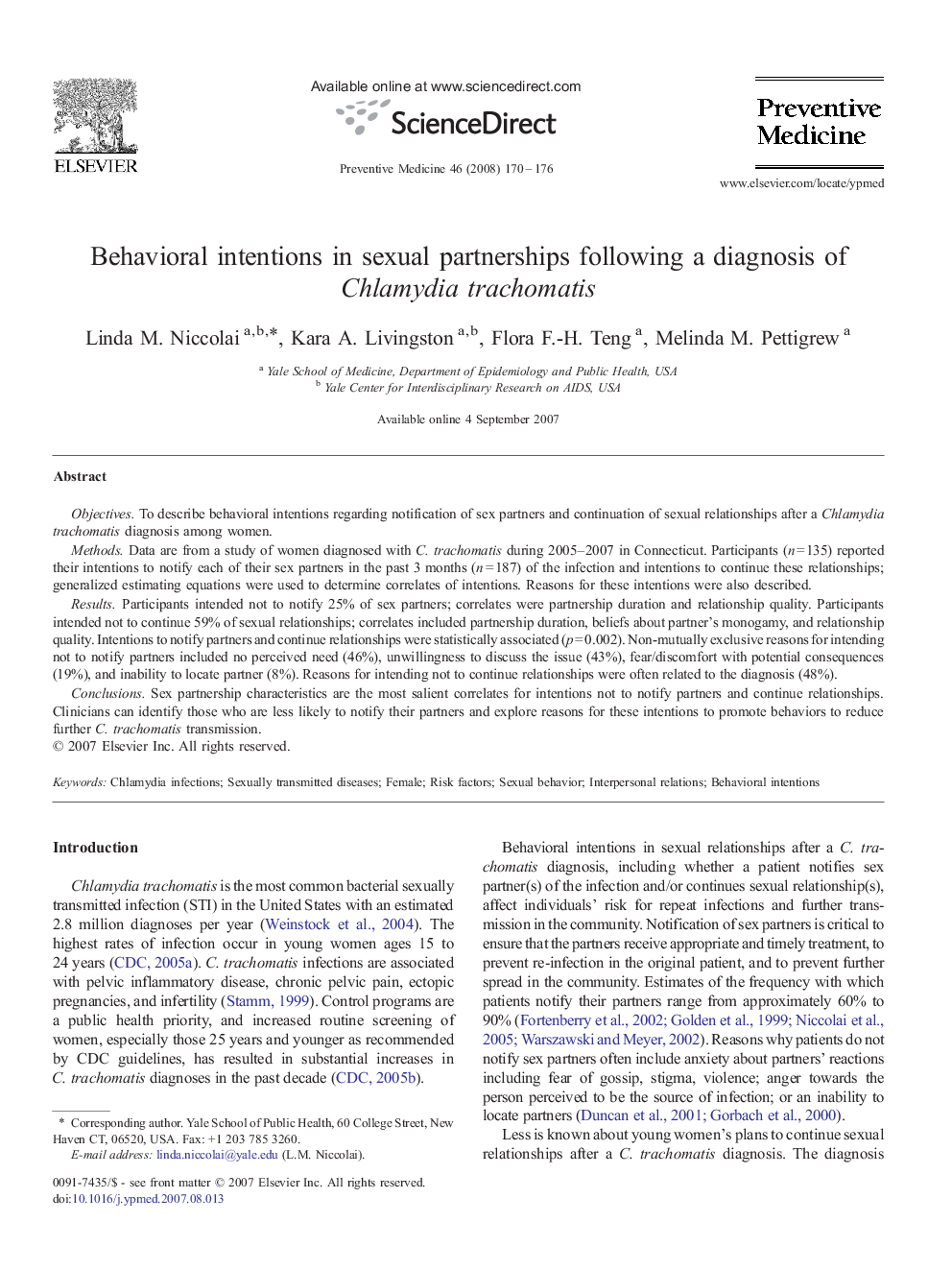 Behavioral intentions in sexual partnerships following a diagnosis of Chlamydia trachomatis