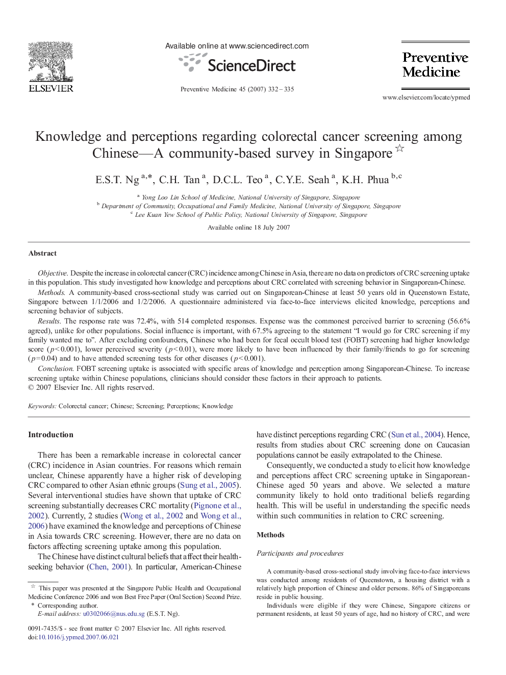 Knowledge and perceptions regarding colorectal cancer screening among Chinese—A community-based survey in Singapore 