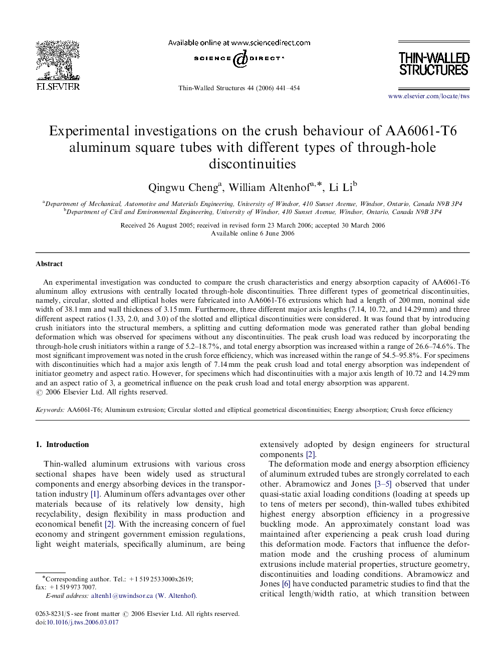 Experimental investigations on the crush behaviour of AA6061-T6 aluminum square tubes with different types of through-hole discontinuities