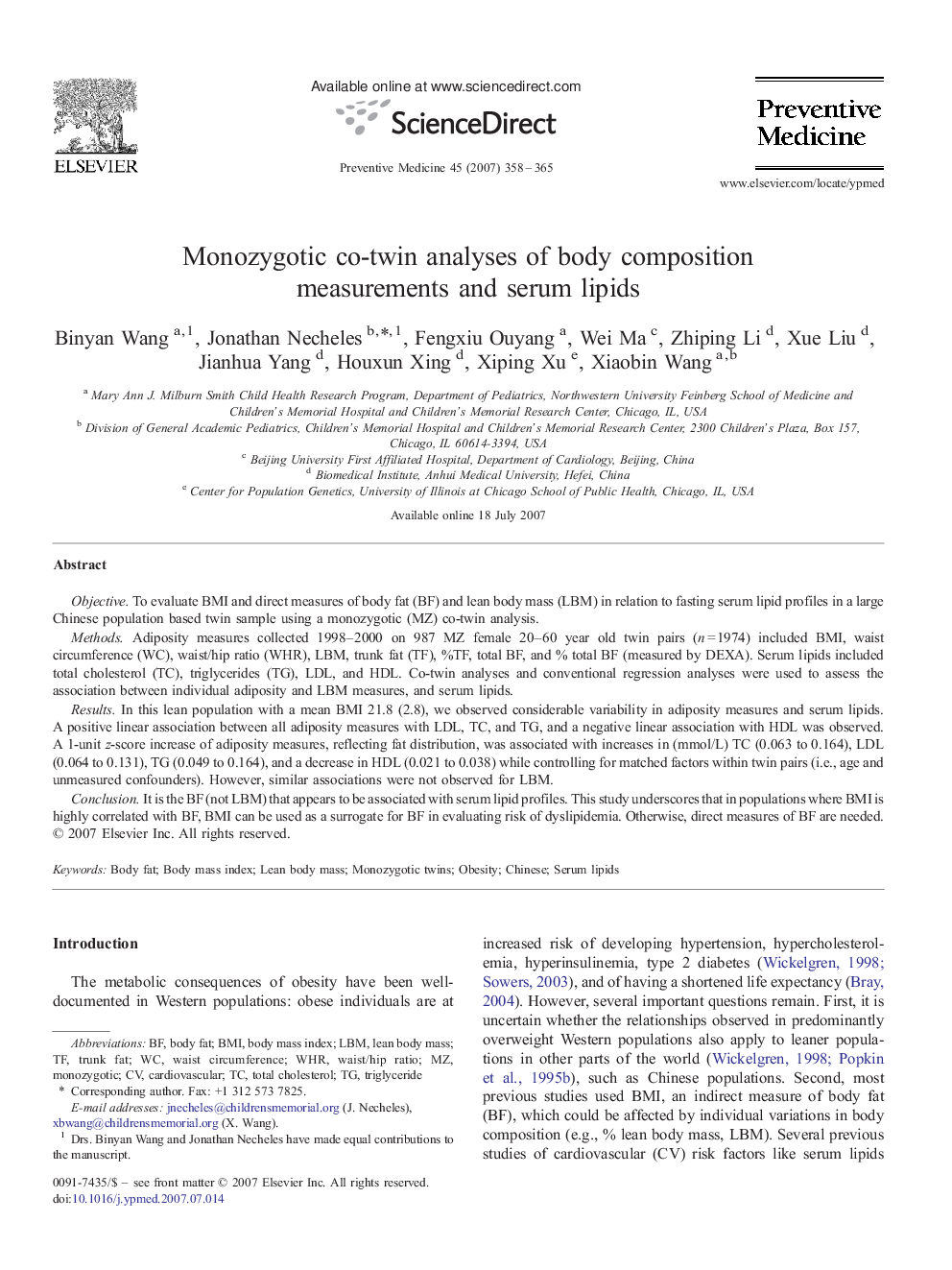 Monozygotic co-twin analyses of body composition measurements and serum lipids