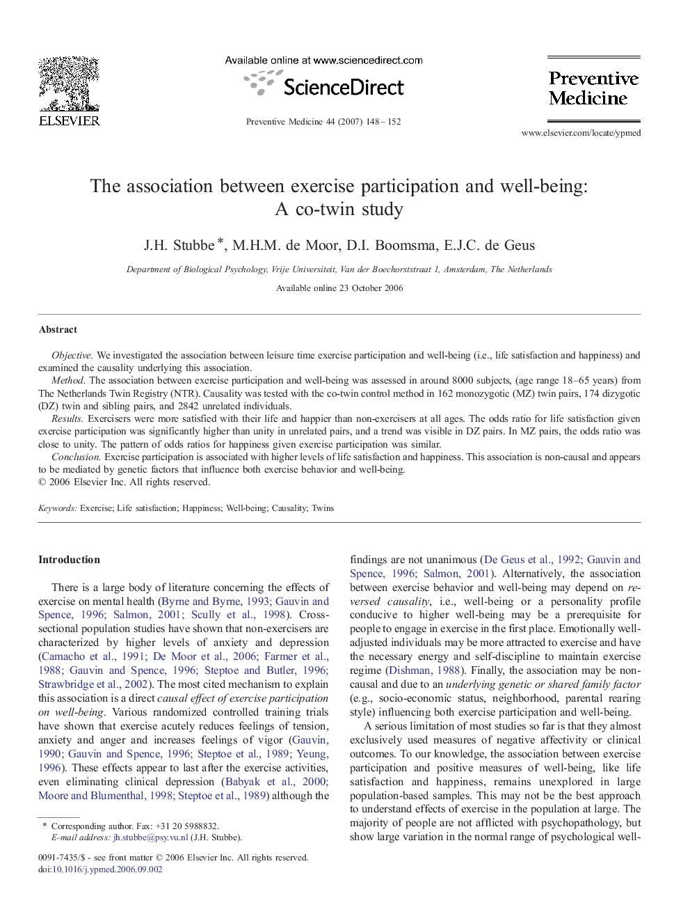 The association between exercise participation and well-being: A co-twin study