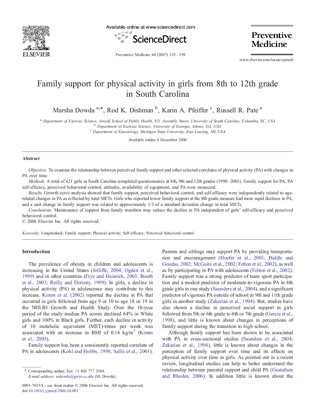 Family support for physical activity in girls from 8th to 12th grade in South Carolina