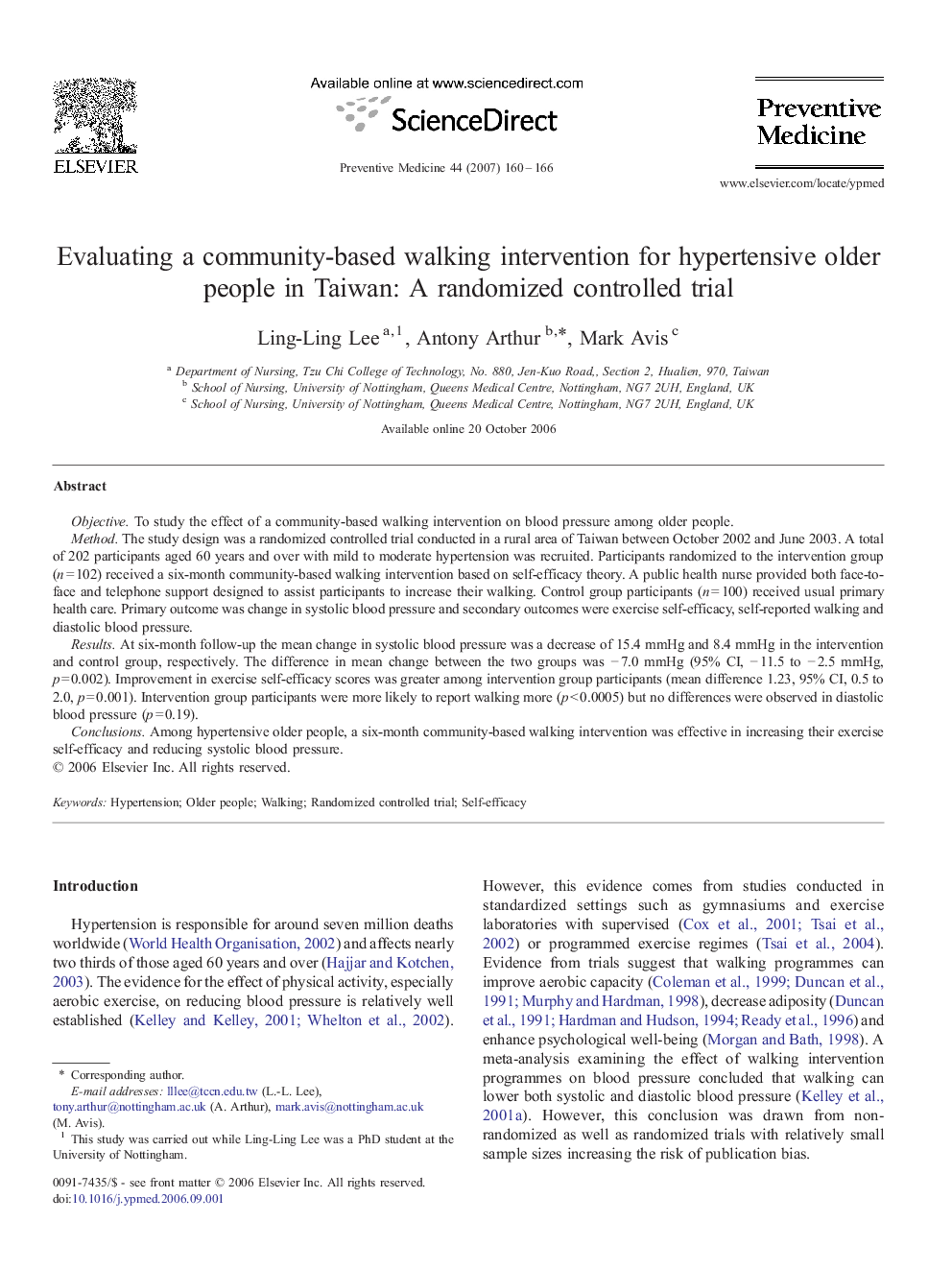 Evaluating a community-based walking intervention for hypertensive older people in Taiwan: A randomized controlled trial