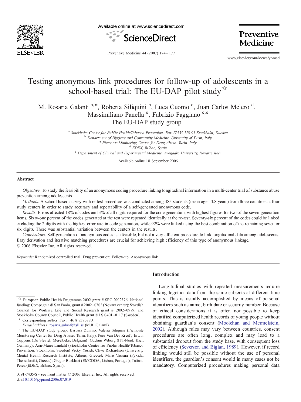 Testing anonymous link procedures for follow-up of adolescents in a school-based trial: The EU-DAP pilot study 