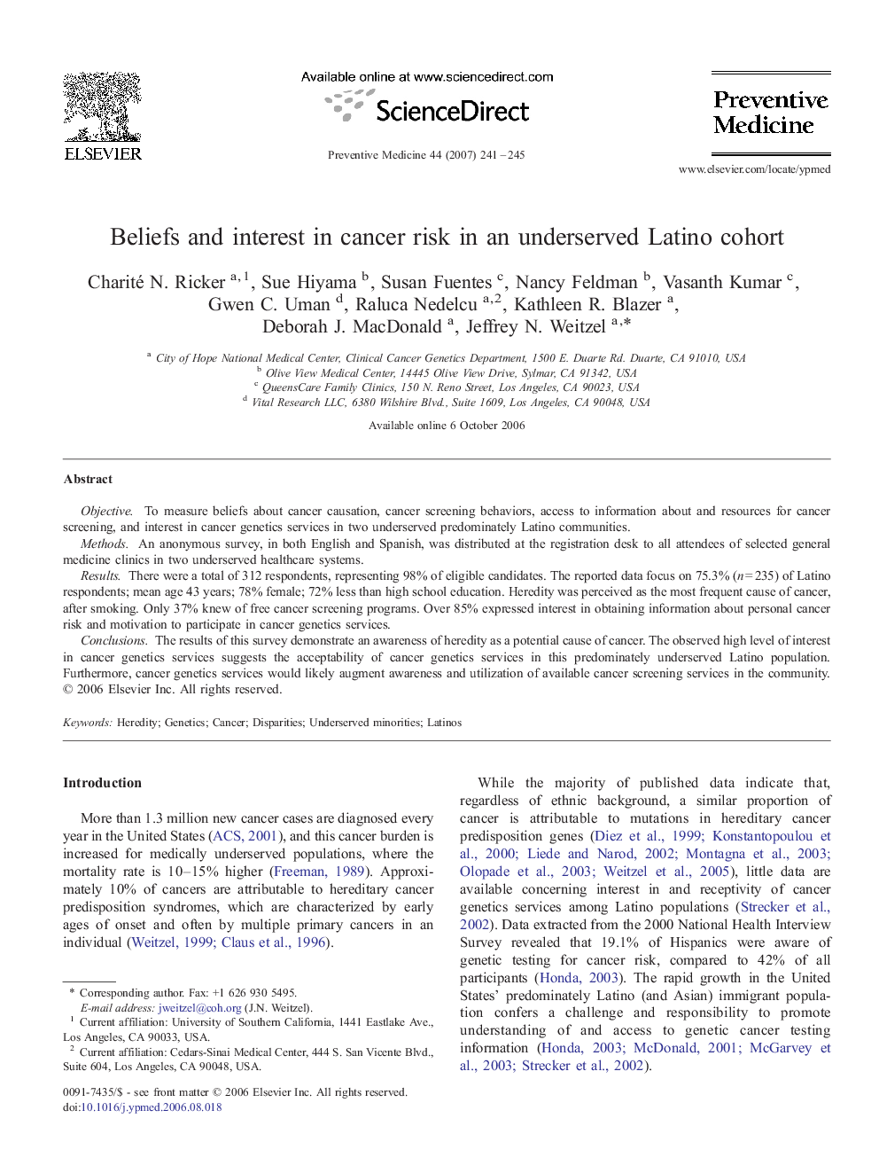 Beliefs and interest in cancer risk in an underserved Latino cohort