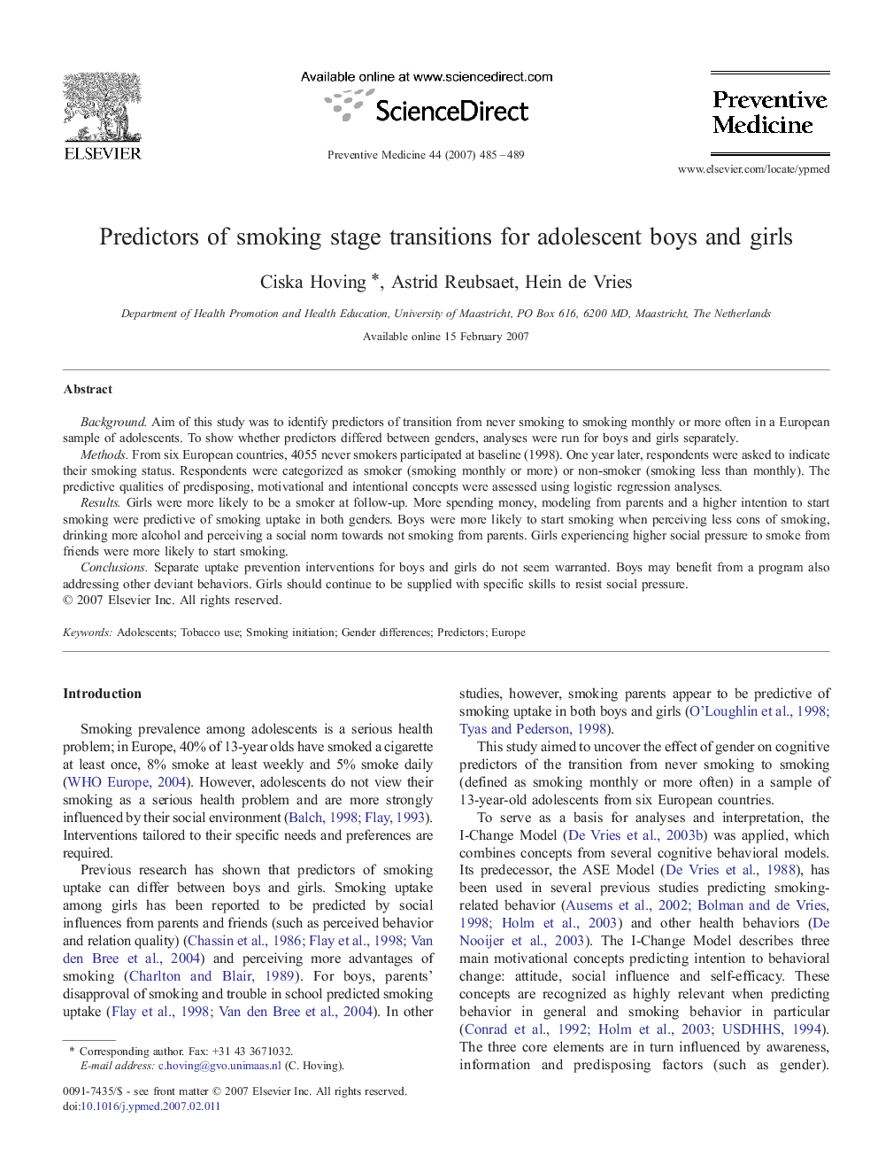 Predictors of smoking stage transitions for adolescent boys and girls