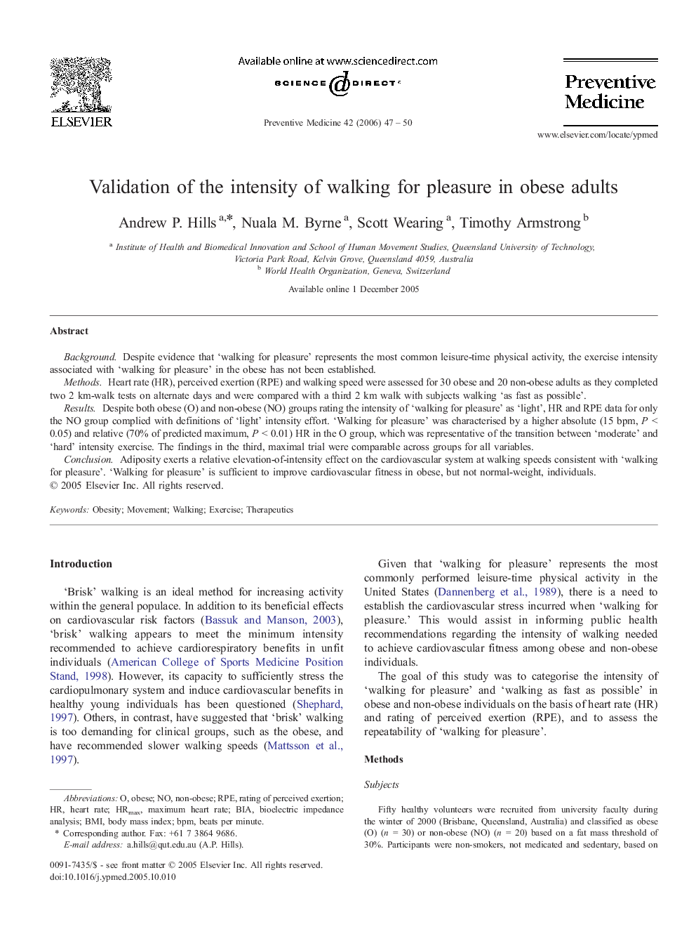 Validation of the intensity of walking for pleasure in obese adults