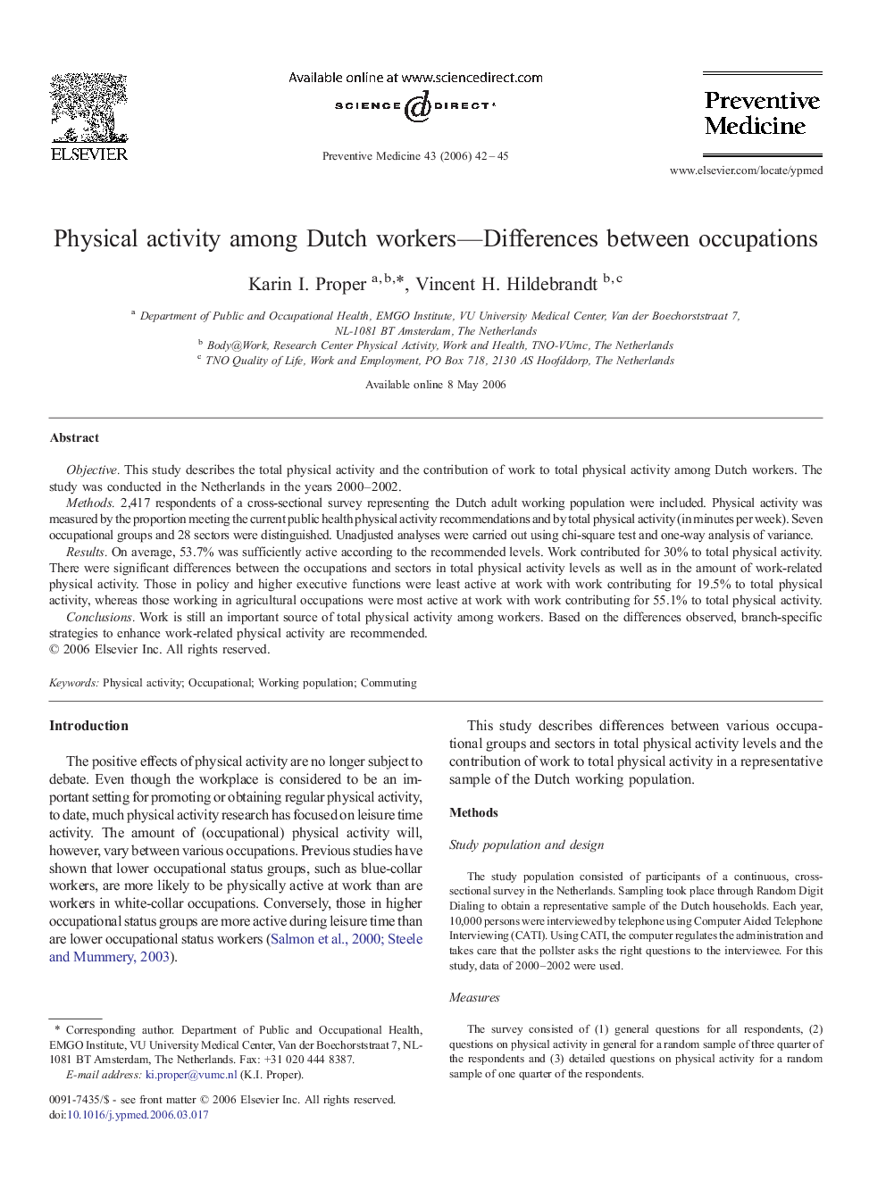 Physical activity among Dutch workers—differences between occupations