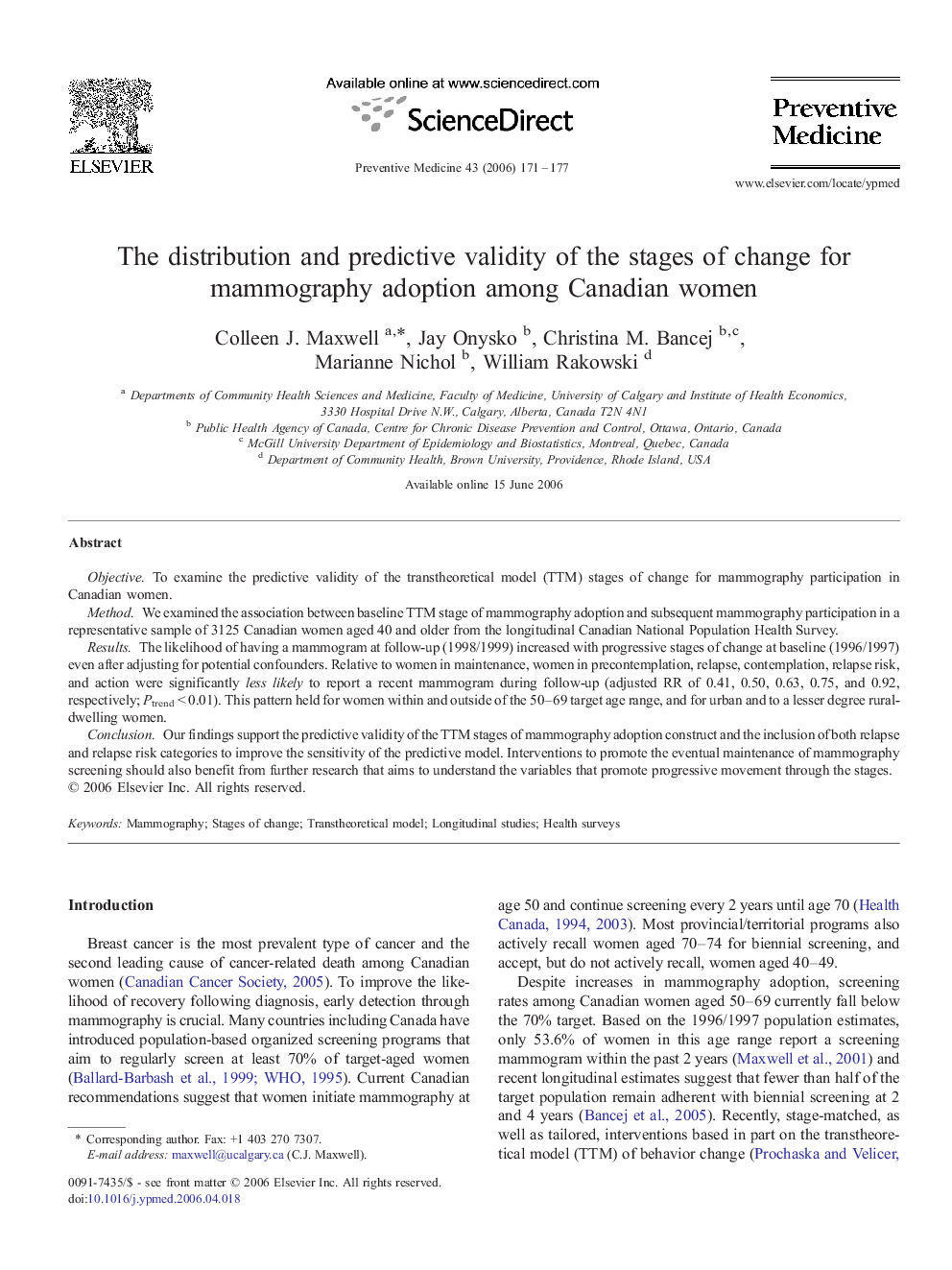 The distribution and predictive validity of the stages of change for mammography adoption among Canadian women