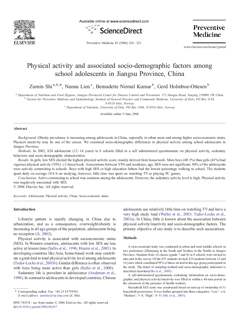 Physical activity and associated socio-demographic factors among school adolescents in Jiangsu Province, China