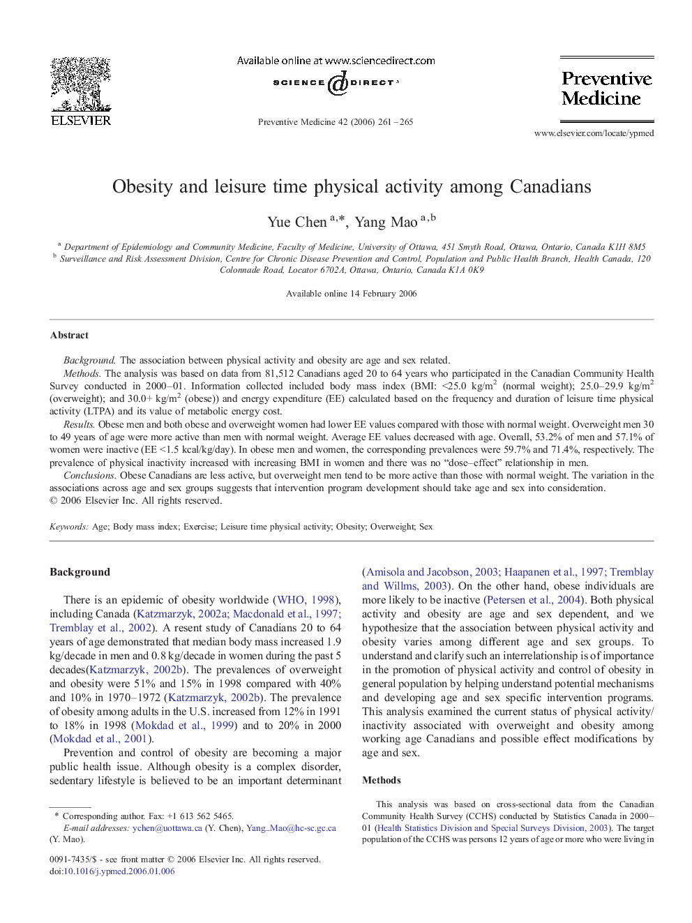 Obesity and leisure time physical activity among Canadians