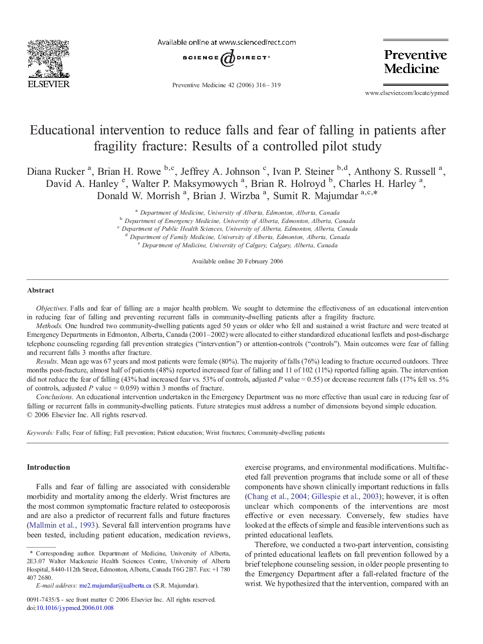 Educational intervention to reduce falls and fear of falling in patients after fragility fracture: Results of a controlled pilot study