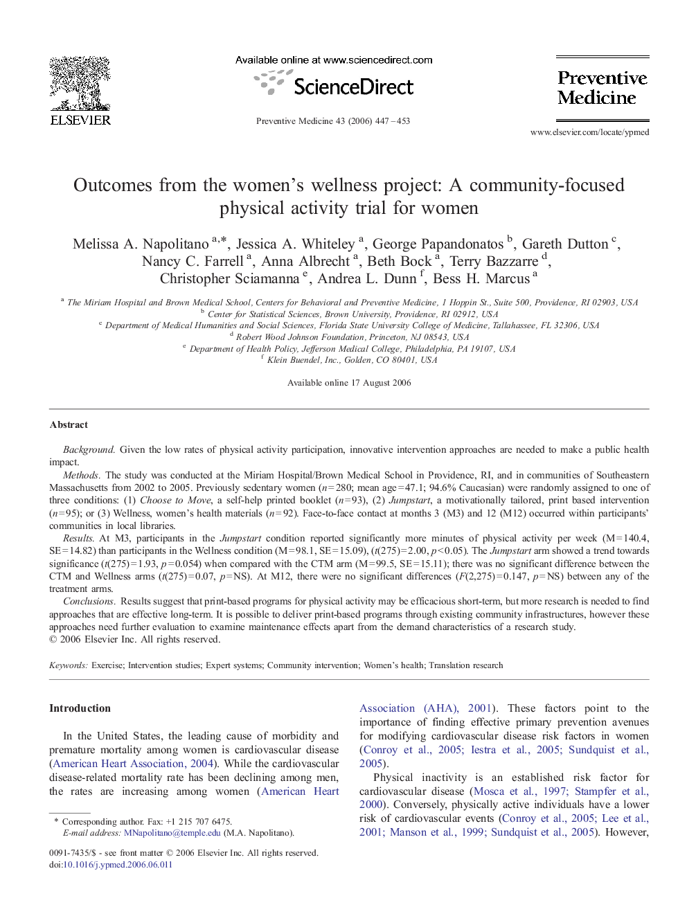 Outcomes from the women's wellness project: A community-focused physical activity trial for women