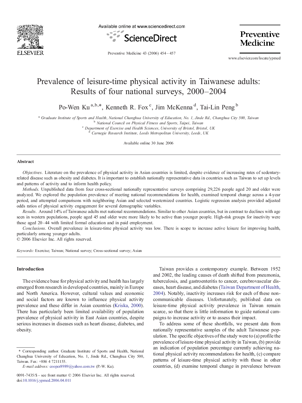 Prevalence of leisure-time physical activity in Taiwanese adults: Results of four national surveys, 2000–2004