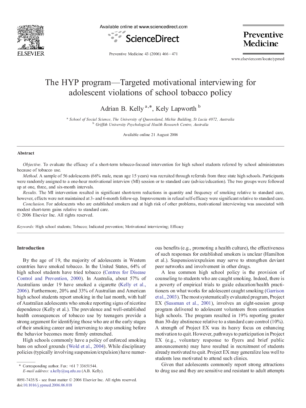 The HYP program—Targeted motivational interviewing for adolescent violations of school tobacco policy