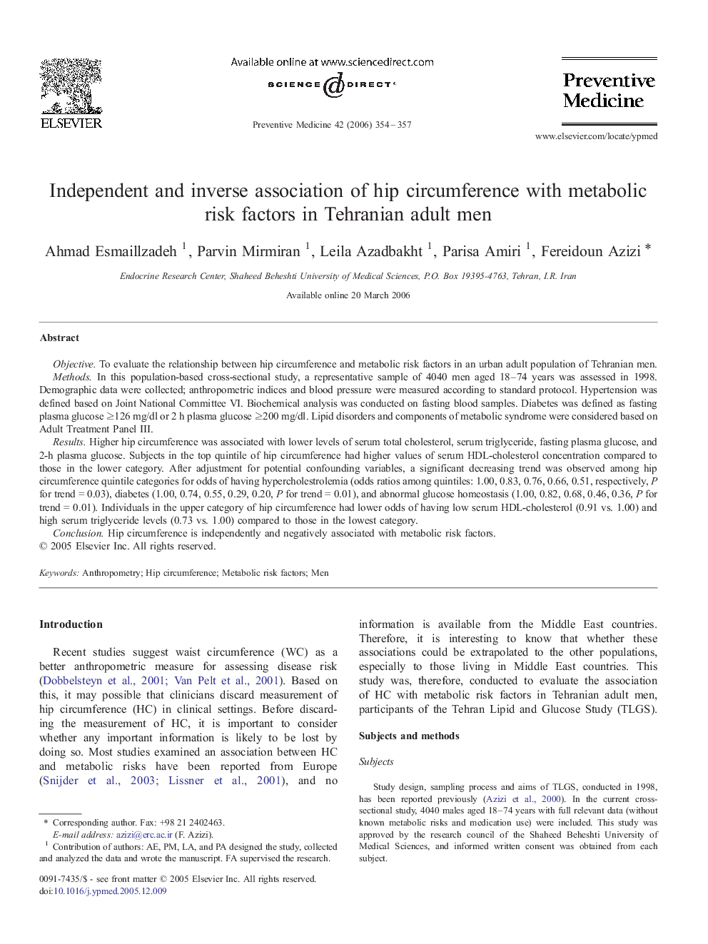 Independent and inverse association of hip circumference with metabolic risk factors in Tehranian adult men