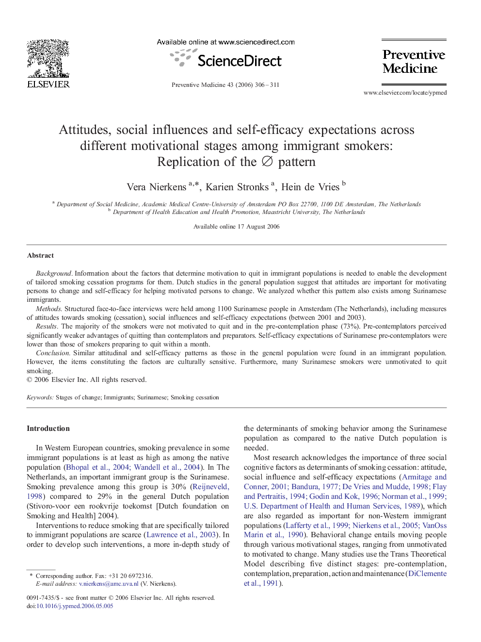 Attitudes, social influences and self-efficacy expectations across different motivational stages among immigrant smokers: Replication of the ∅ pattern