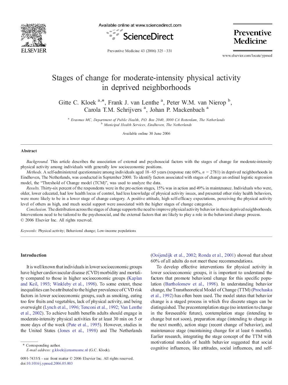 Stages of change for moderate-intensity physical activity in deprived neighborhoods