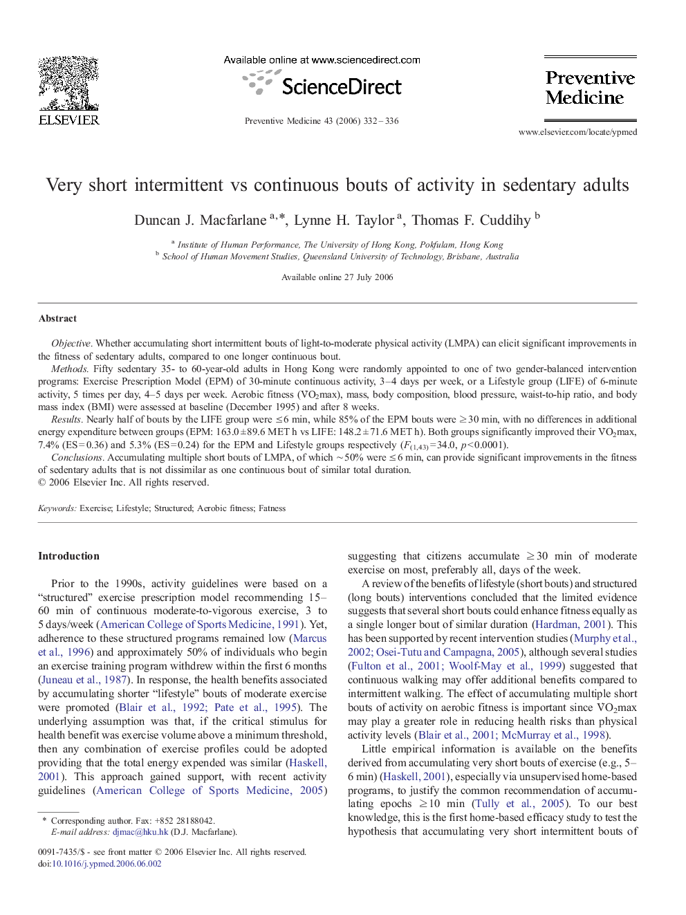 Very short intermittent vs continuous bouts of activity in sedentary adults