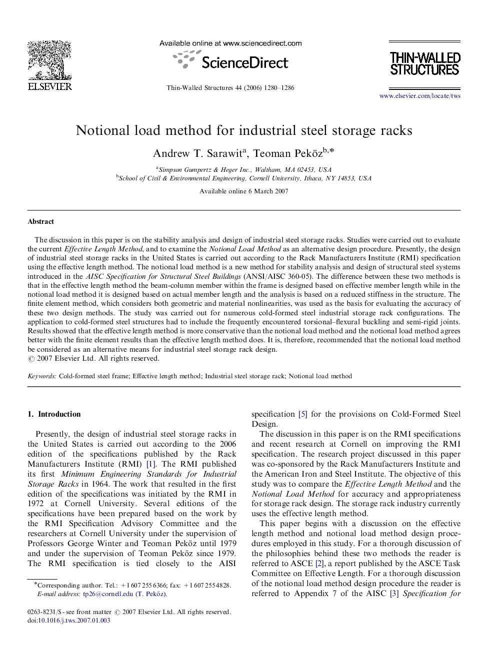 Notional load method for industrial steel storage racks