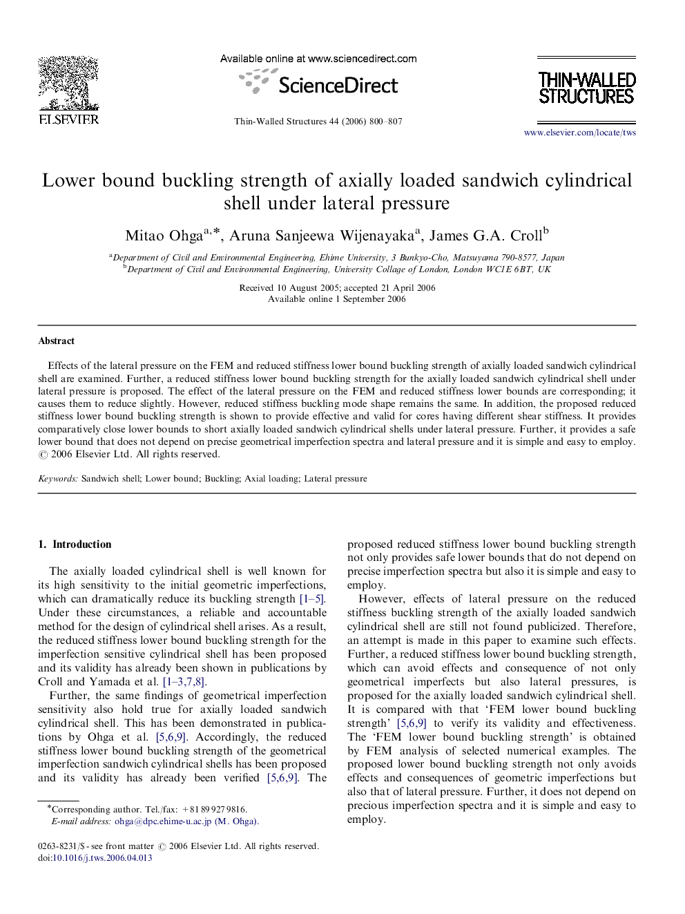 Lower bound buckling strength of axially loaded sandwich cylindrical shell under lateral pressure