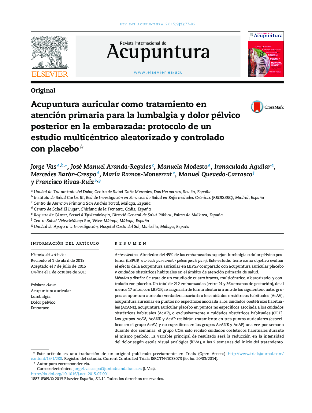 Acupuntura auricular como tratamiento en atención primaria para la lumbalgia y dolor pélvico posterior en la embarazada: protocolo de un estudio multicéntrico aleatorizado y controlado con placebo